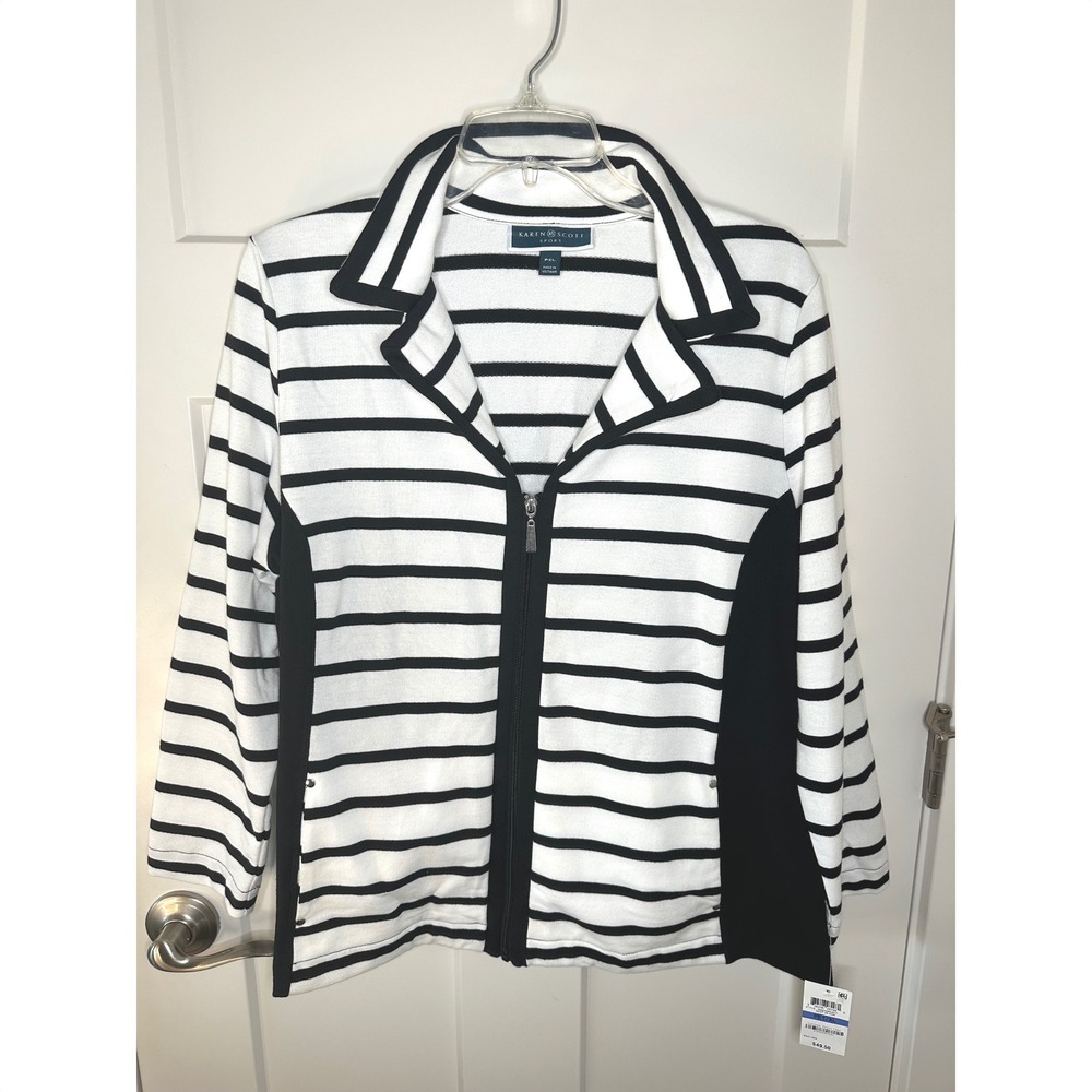 Karen Scott Sport Womens Petite XL Striped Zip Front Jacket Black White - Picture 2 of 11